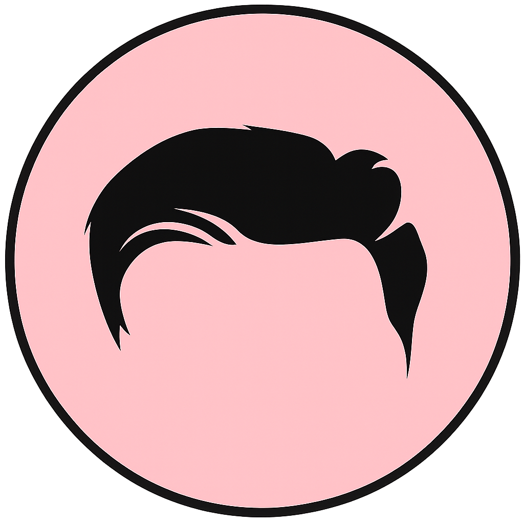 Silhouette of a hairstyle on a pink circular background.