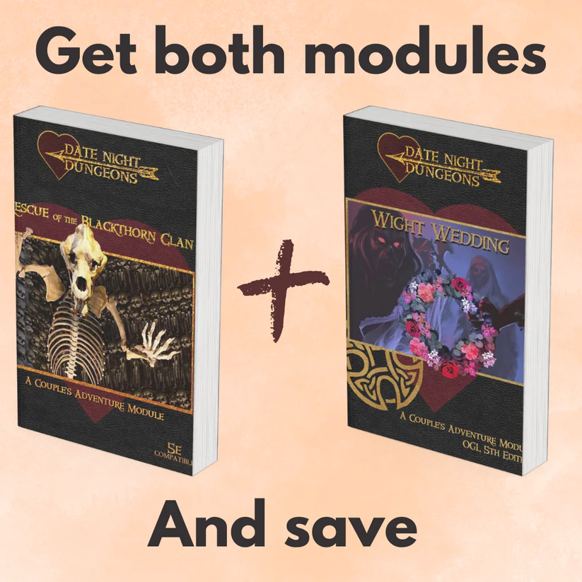 Two adventure module books with fantasy-themed covers, plus sign, and text promoting savings.