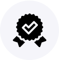 Blue circle with a black check mark on a ribbon badge icon.