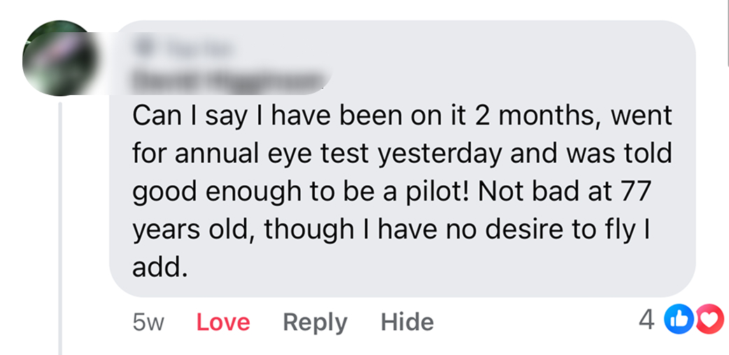 A screenshot of a social media comment about having eyesight good enough to be a pilot at 77.