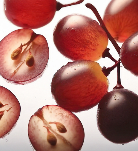 A close-up, backlit view of red grapes, some of which are sliced in half to reveal seeds.