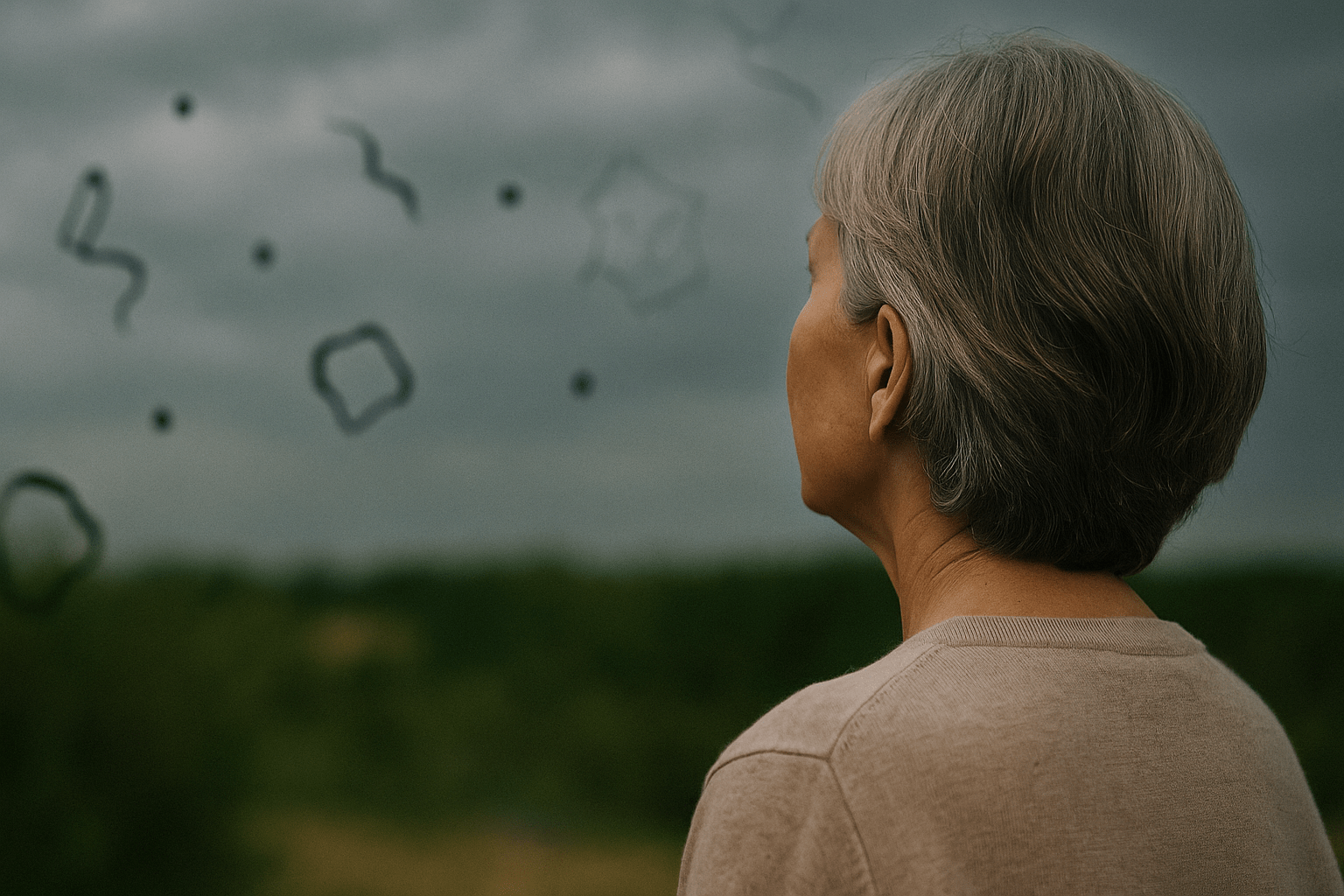 Person with short gray hair looking at cloudy sky with floaters.