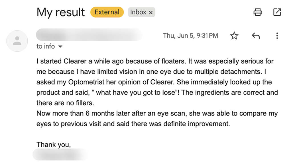 A screenshot of an email testimonial with the subject line 'My result' about definite eye improvement.