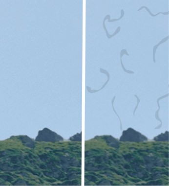 A side-by-side comparison of a clear sky versus a sky with squiggly lines representing eye floaters.