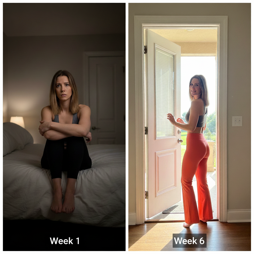 Side-by-side photos of a woman at Week 1 and Week 6.