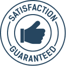 A blue circular seal that reads 'Satisfaction Guaranteed' with a thumbs-up icon in the center.
