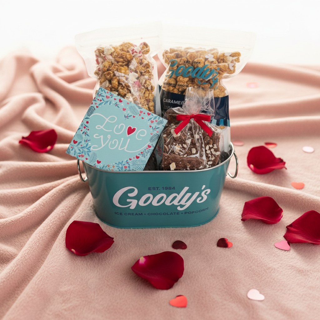 Gift basket with snacks and pumpkin decorations on a wooden table.