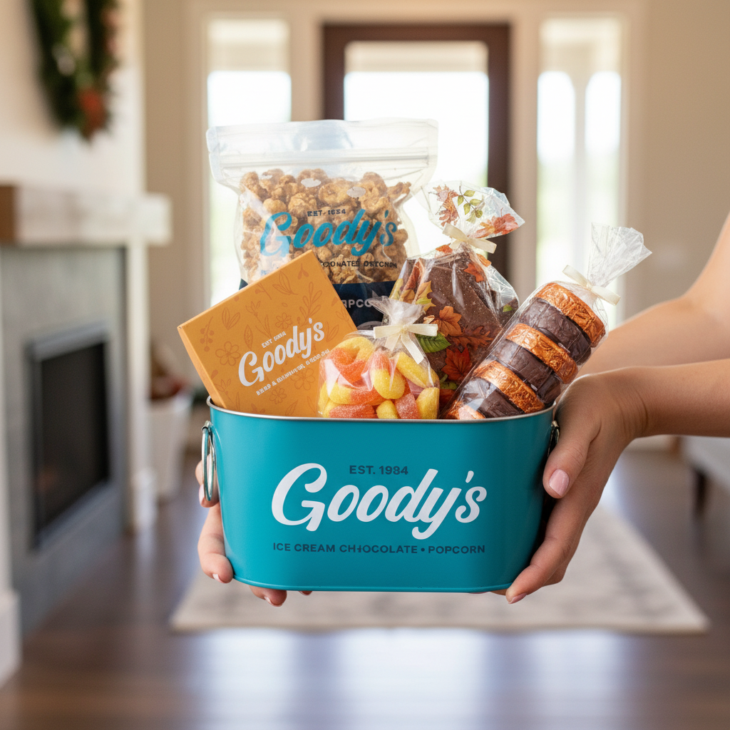 Hands holding a blue Goody's gift basket with snacks and treats.