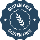 A blue seal-shaped badge with white text that reads 'Gluten Free' and a wheat stalk icon.