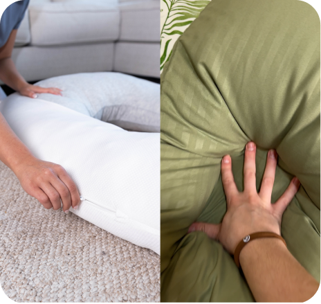 Collage showing people using body pillows for couples, working, and relaxing.