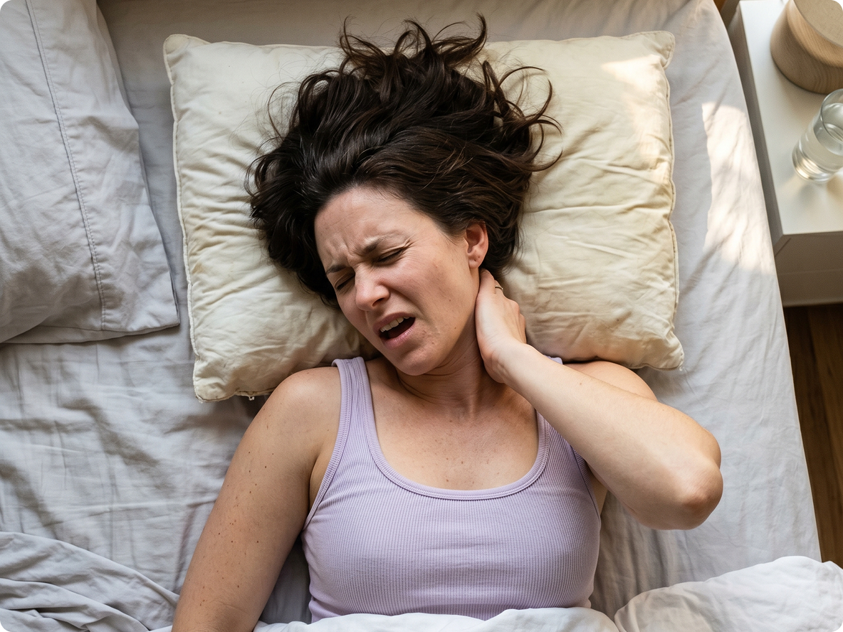 An overhead view of a woman in bed, holding her neck with a pained expression on her face.
