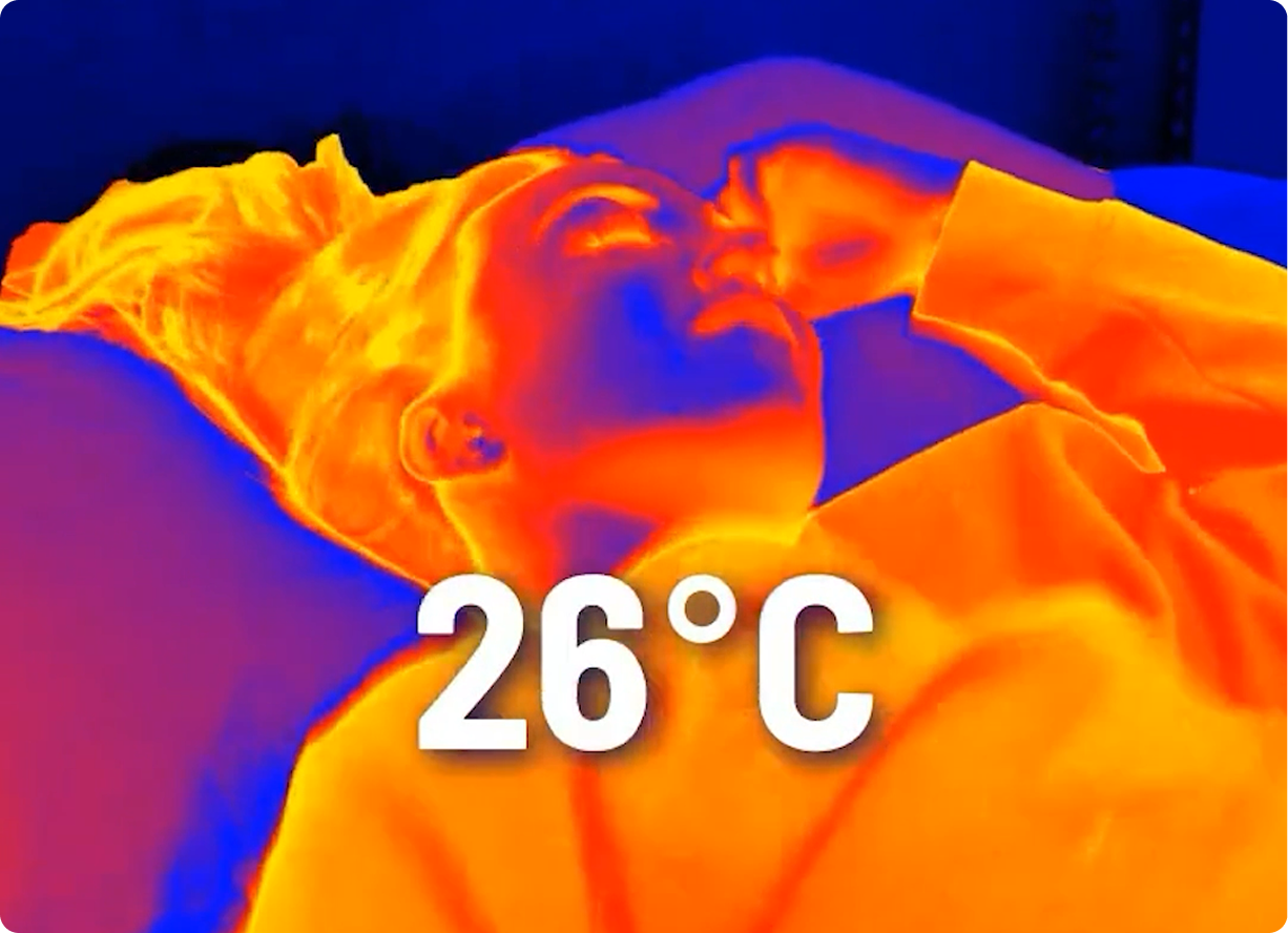 A thermal image of a person sleeping in bed with an overlay reading 26 degrees Celsius.