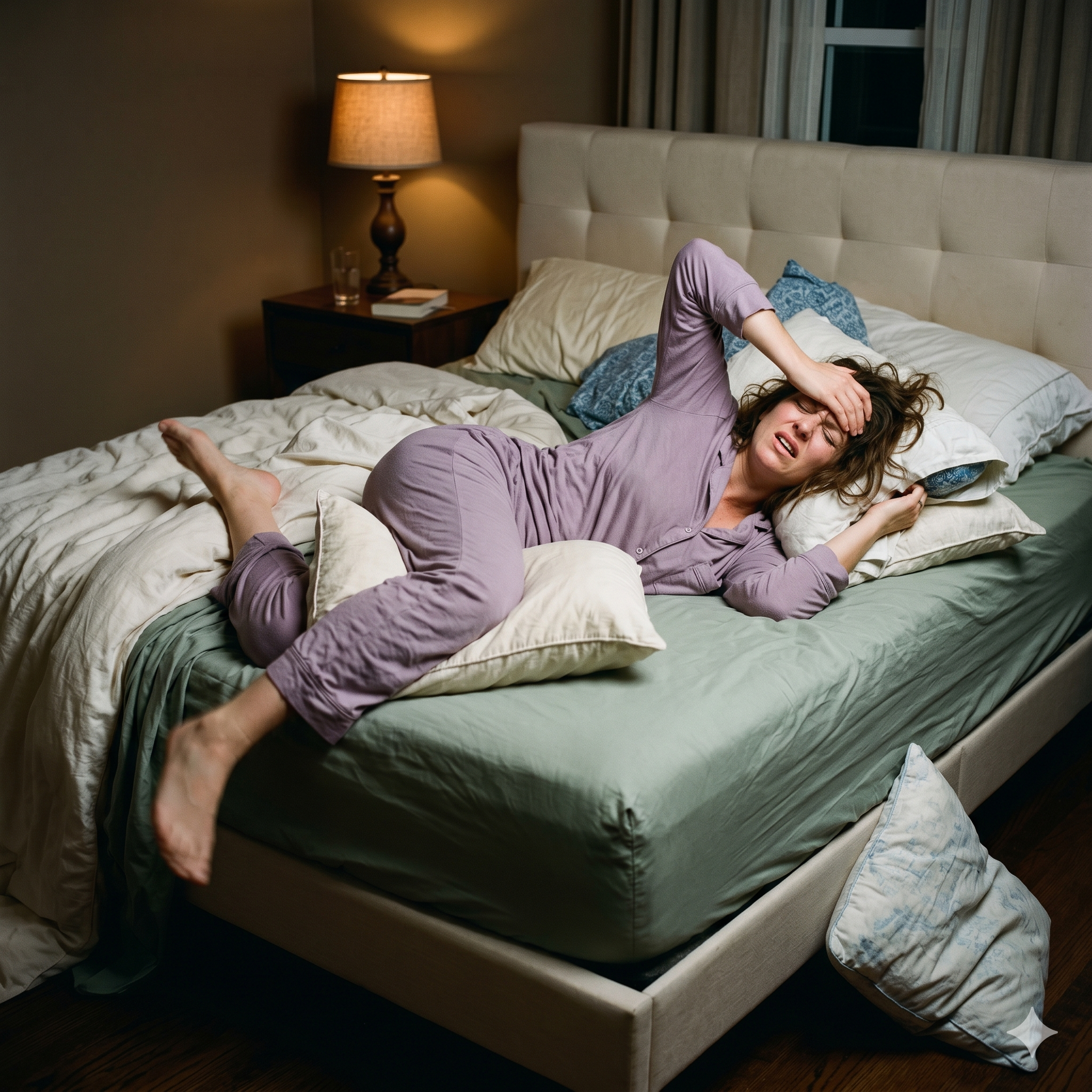 A woman in purple pajamas lies restlessly in bed at night, holding her head in discomfort.