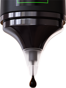 Close-up of a black dropper bottle with liquid droplet at the tip.