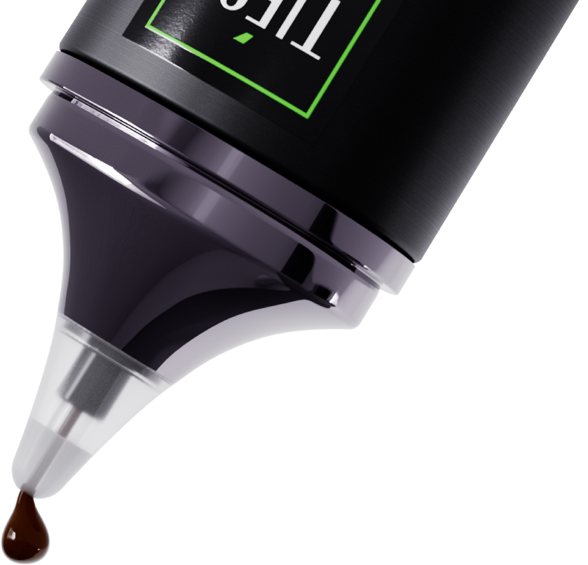 Close-up of a black ink pen tip with ink droplet.
