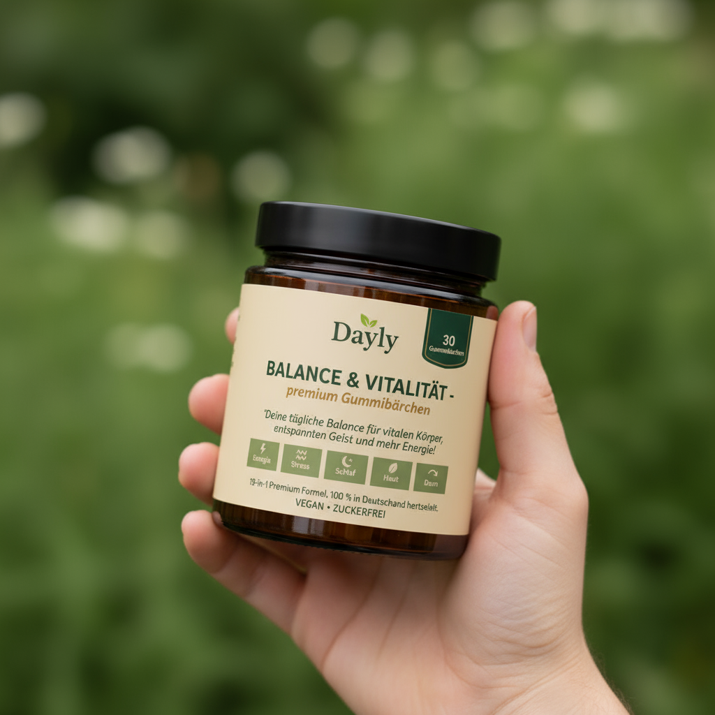 Hand holding a jar labeled 'Dayly Balance & Vitalität' with a green background.