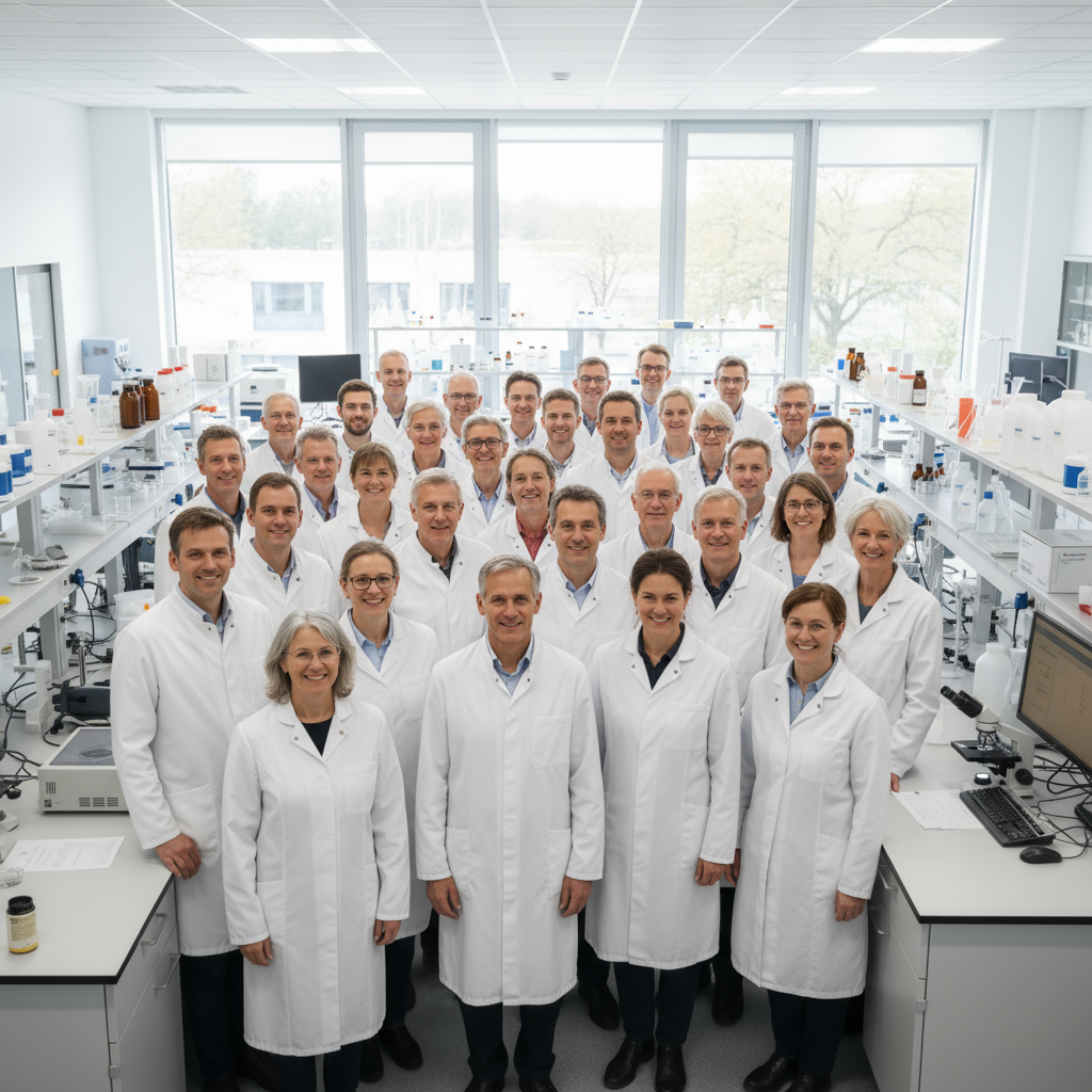 Group of scientists wearing white lab coats in a laboratory setting.