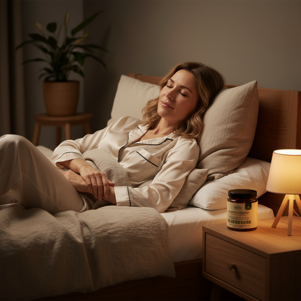 Woman sleeping peacefully in bed, with a lamp and jar on the nightstand.