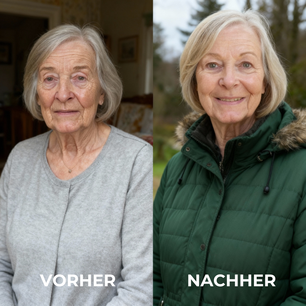Side-by-side images of an elderly woman before and after.