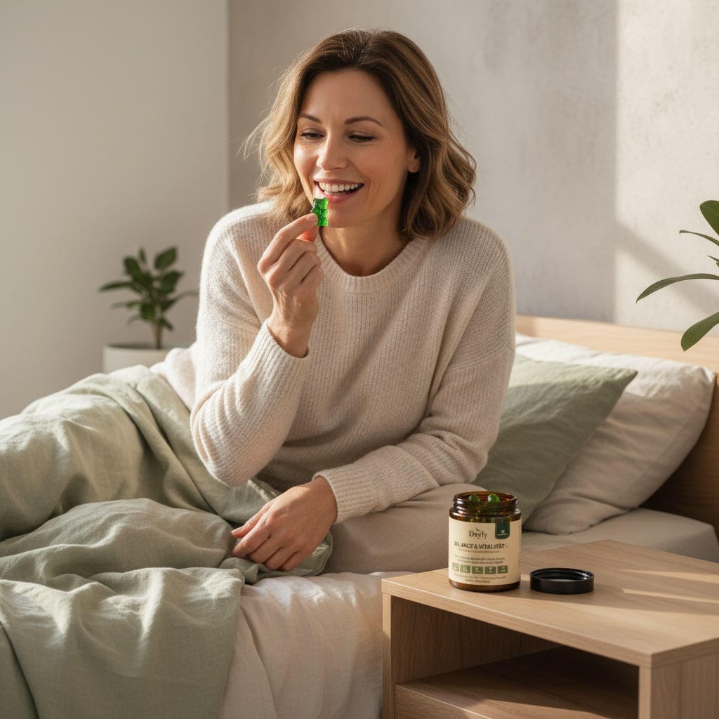 Woman sitting on a bed, holding a green gummy, with a jar beside her.