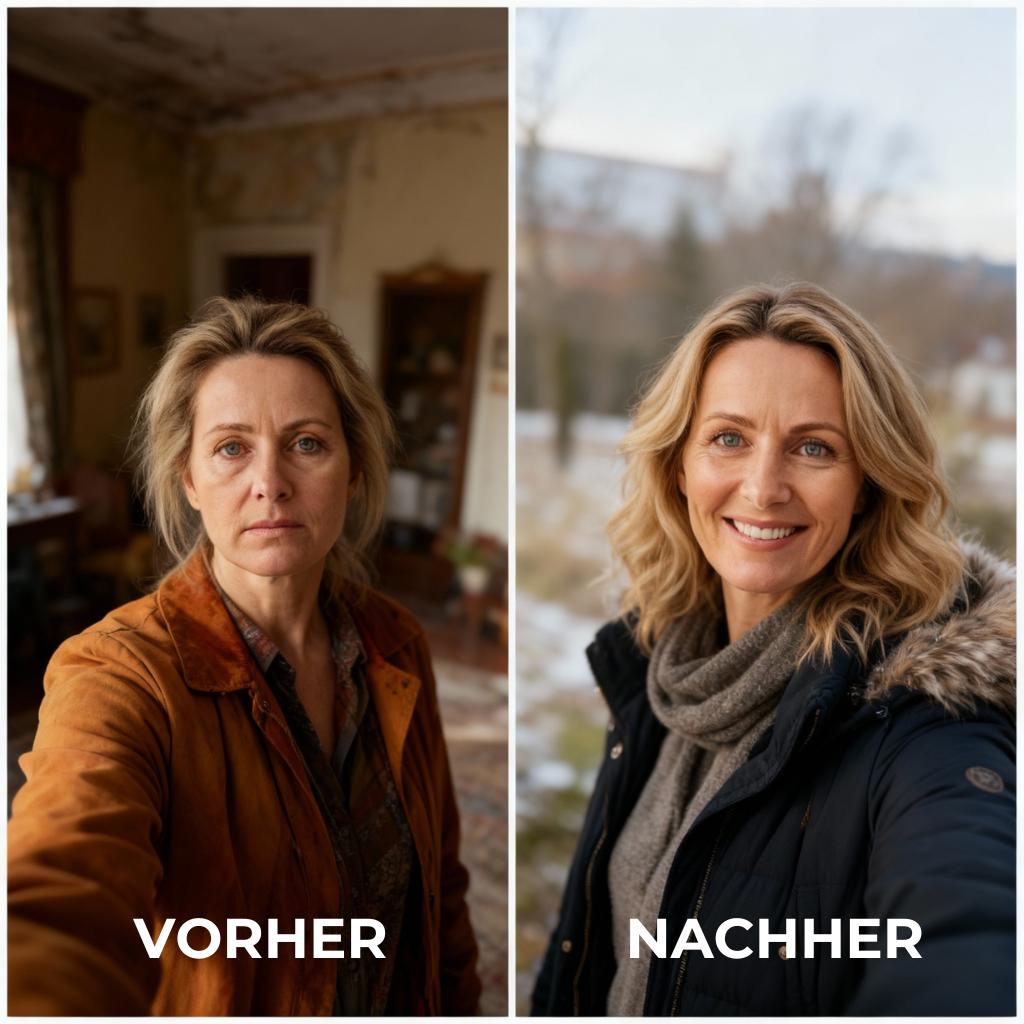 Before and after photos of a woman indoors and outdoors, labeled 'Vorher' and 'Nachher'.