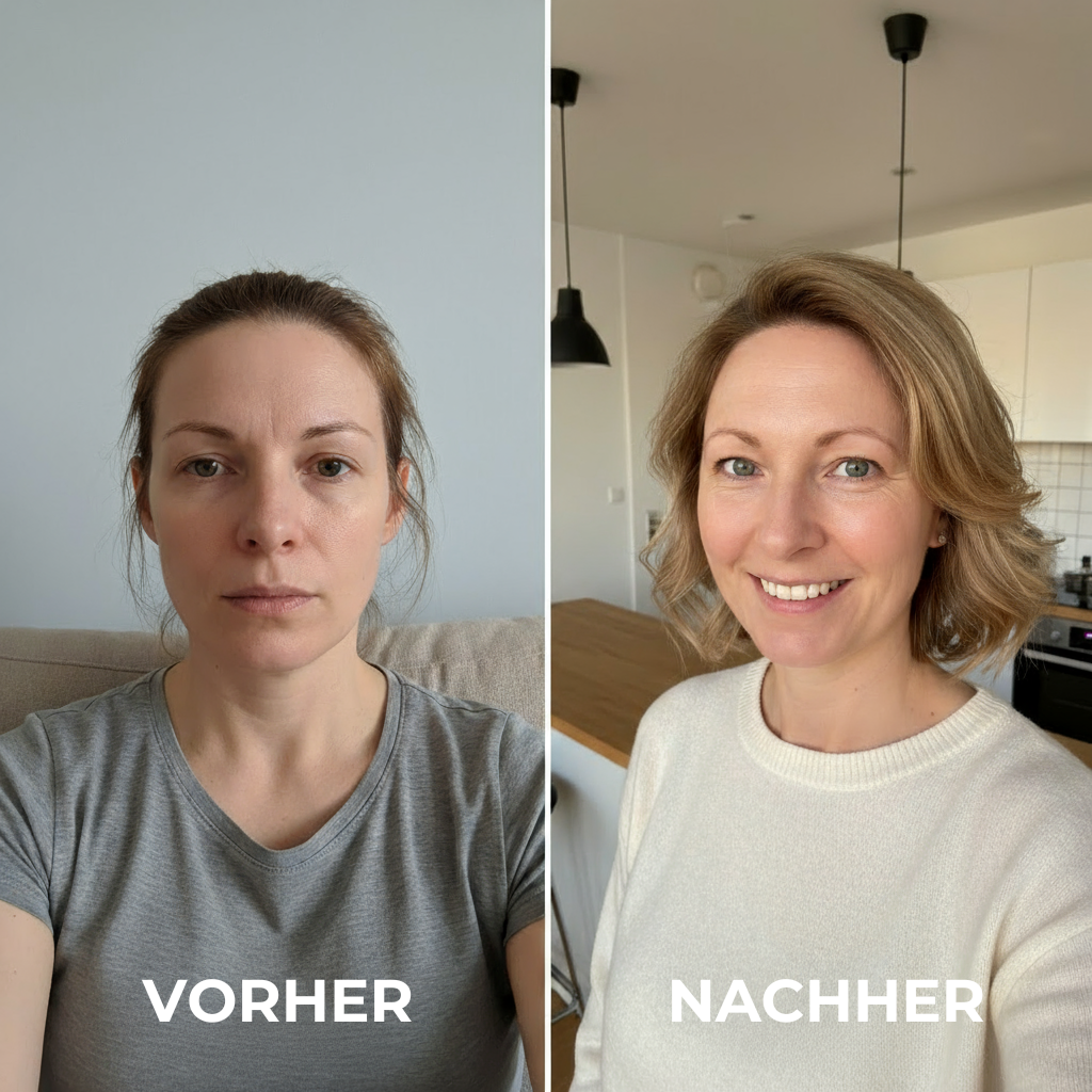 Side-by-side comparison of a woman before and after styling.