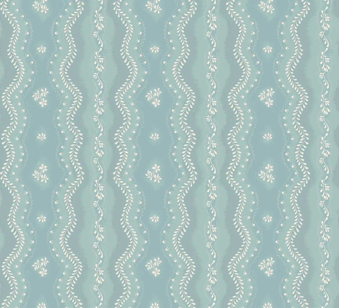 A light blue pattern with vertical, wavy white vines and small flowers.