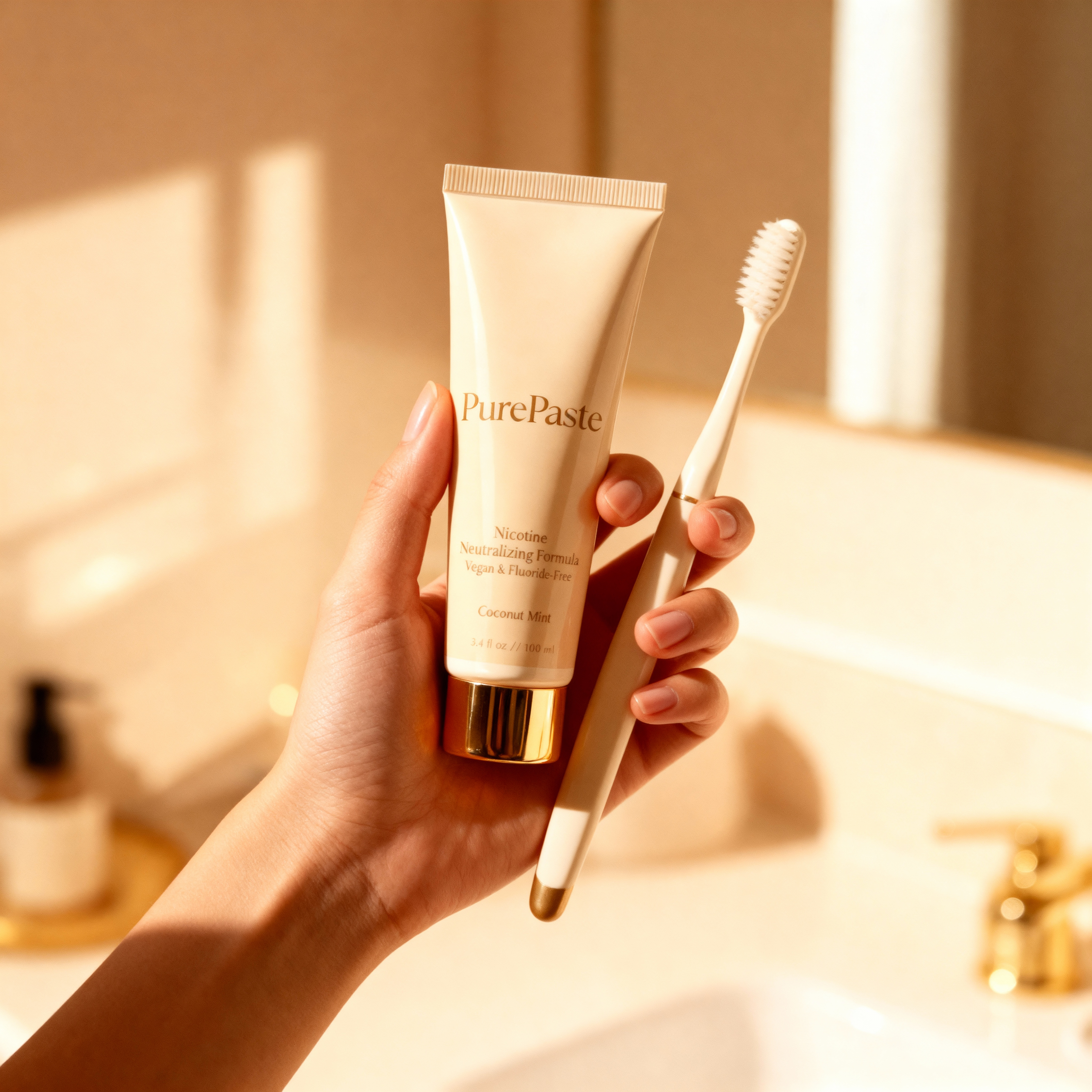 Hand holding toothpaste tube and toothbrush in a bathroom setting.