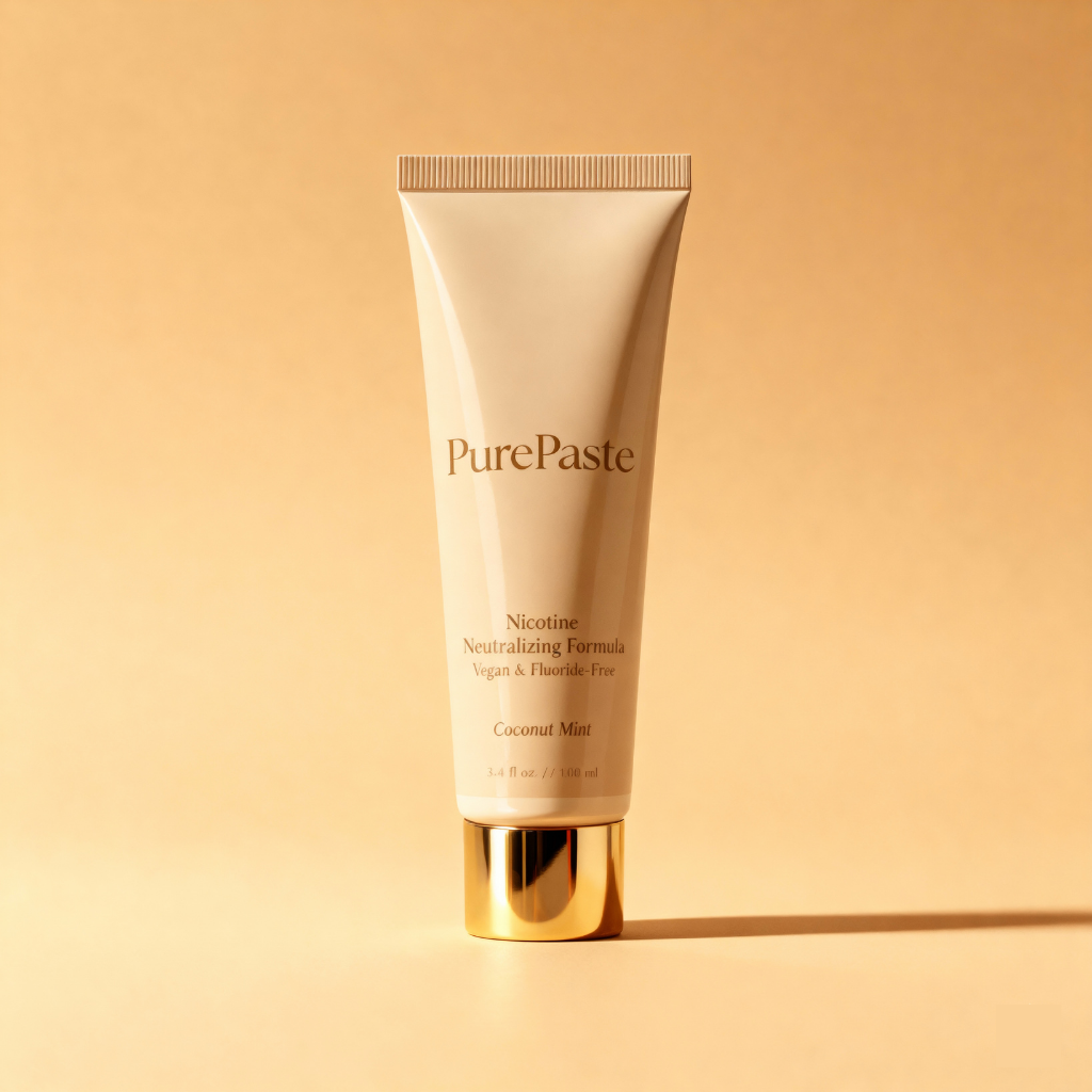 Beige toothpaste tube labeled PurePaste on a matching background.