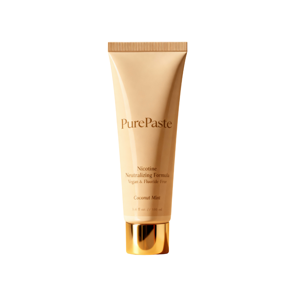 Tube of PurePaste toothpaste, neutral background.