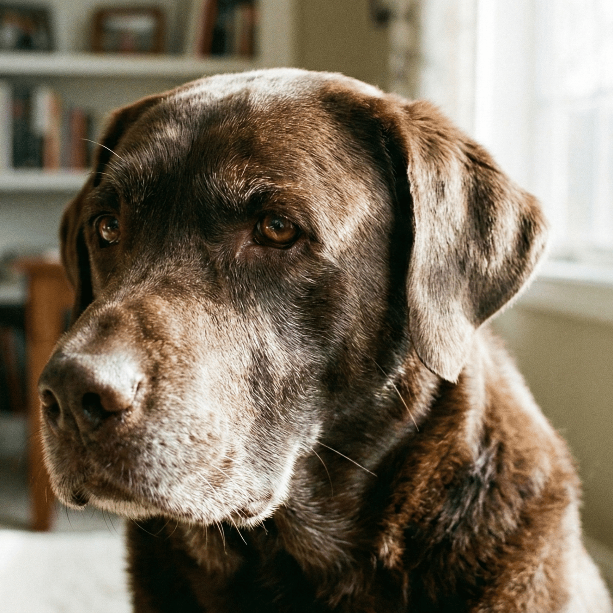 A close-up photo of a brown Labrador retriever looking off to the side.