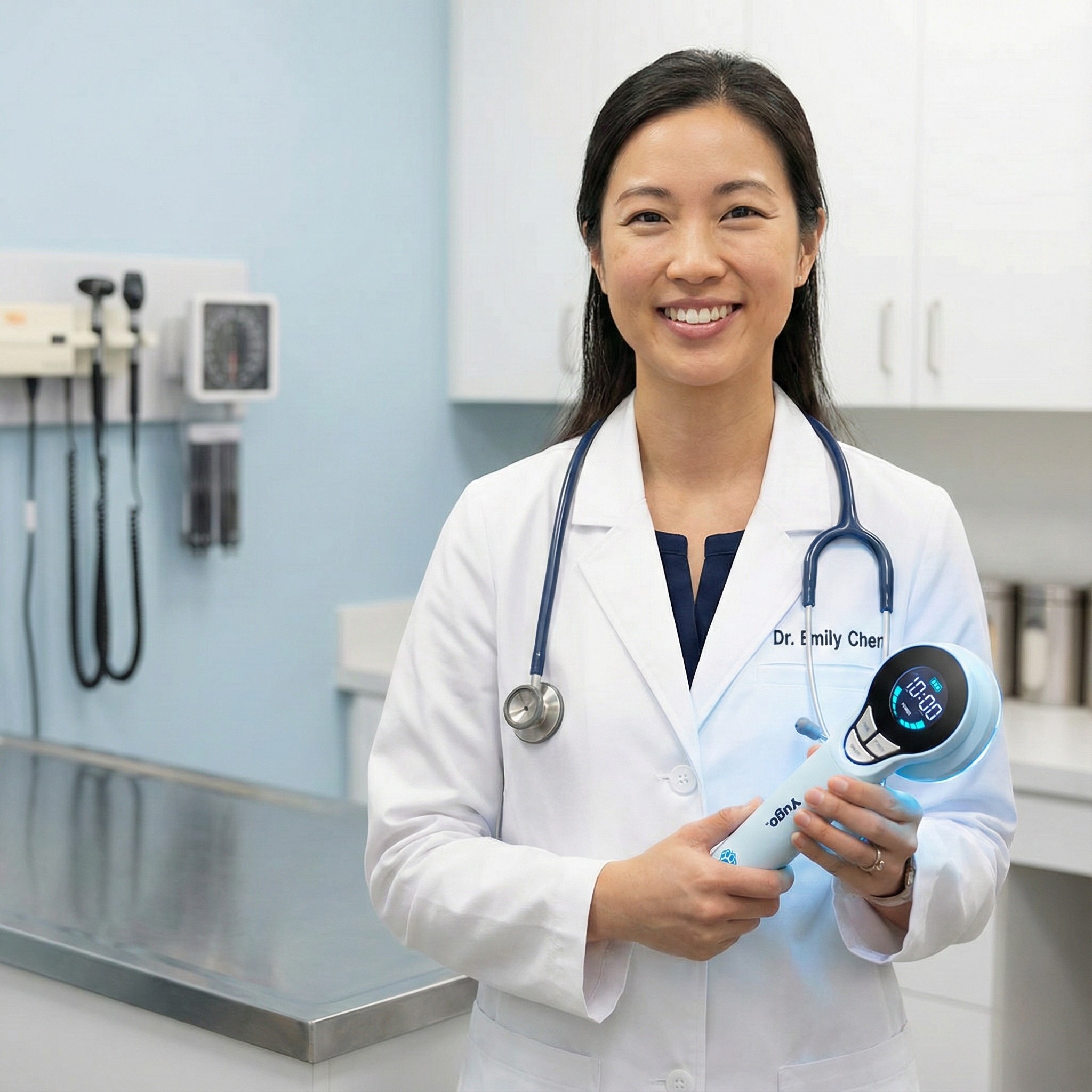 A smiling doctor in a lab coat holds a handheld medical device in an examination room.