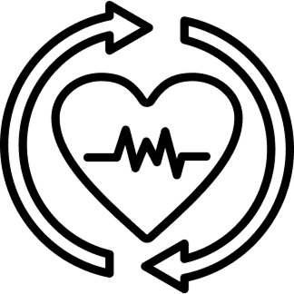 A line icon of a heart with a heartbeat rhythm, encircled by two arrows in a continuous loop.