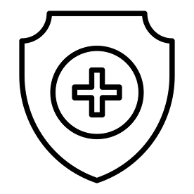 A black line icon of a shield with a circle and a plus sign in the center.