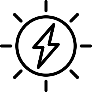 A black line icon of a sun with a lightning bolt in the center, representing solar energy.