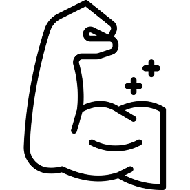 A black and white line icon of a flexed arm showing a bicep muscle with sparkles.