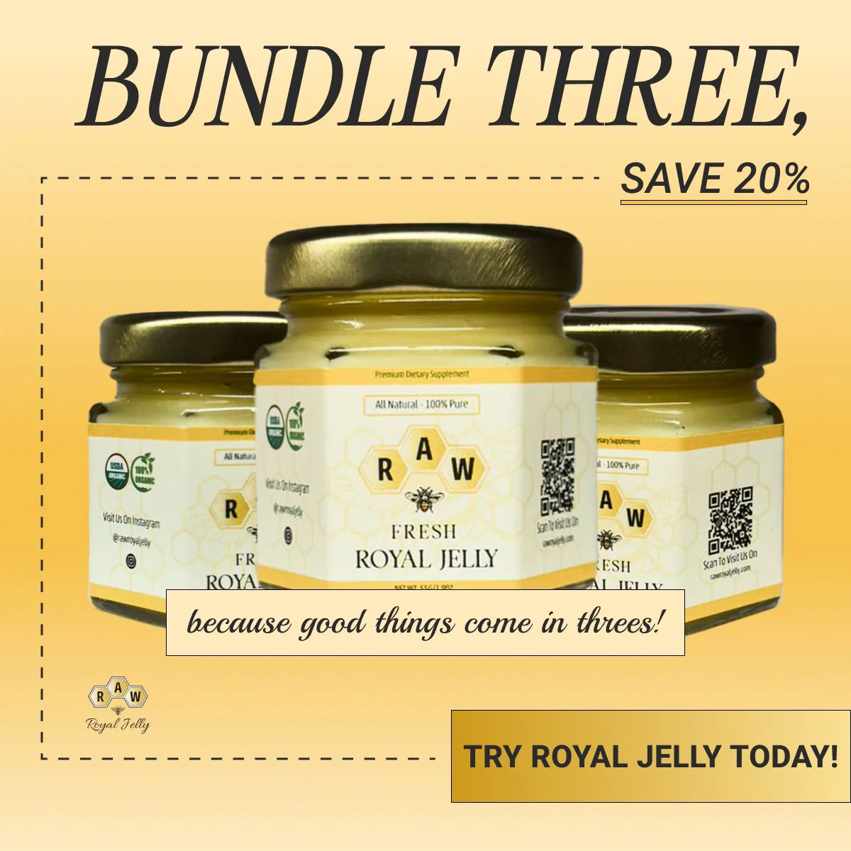 An advertisement for a bundle of three jars of Raw Fresh Royal Jelly with a 20% discount.