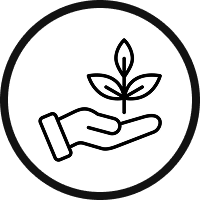 A line art icon of a hand holding a small, sprouting plant, inside a circle.