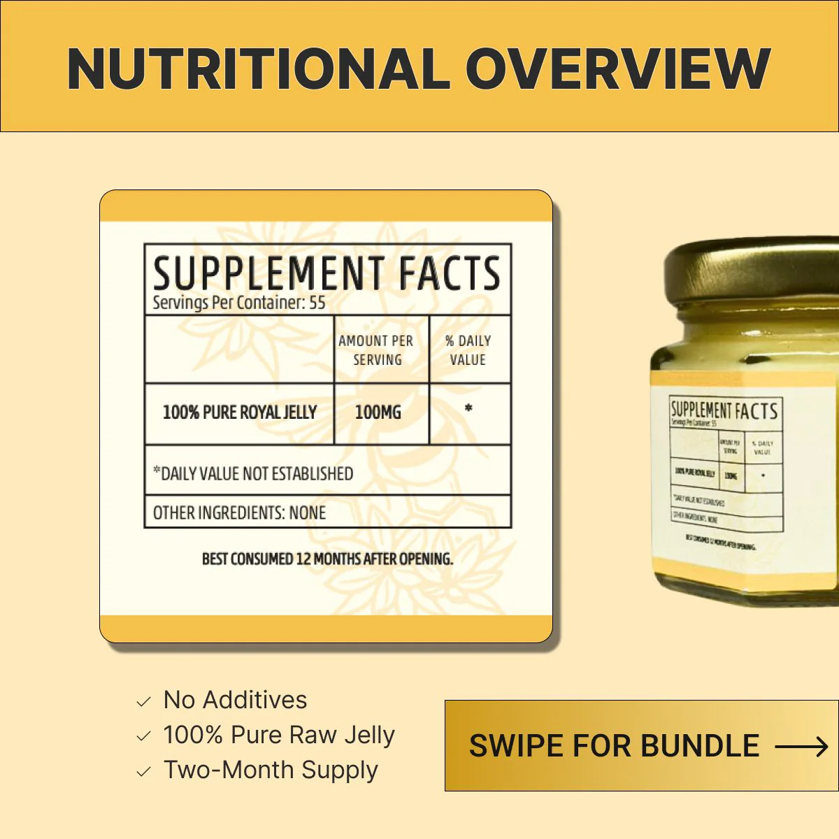 Nutritional overview of a pure royal jelly supplement, showing the supplement facts label and a jar of the product.