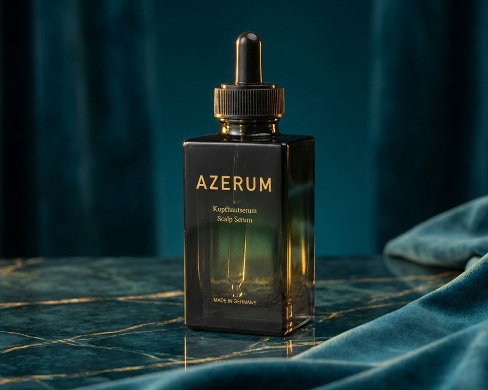 A dark green, square bottle of Azerum Scalp Serum with a black dropper cap against a green background.