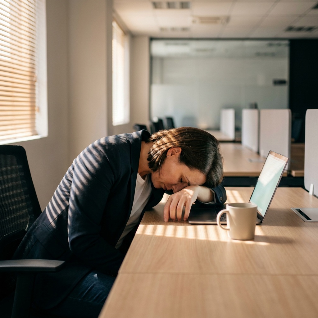 An exhausted woman in a blazer rests her head on her desk in a sunlit office.