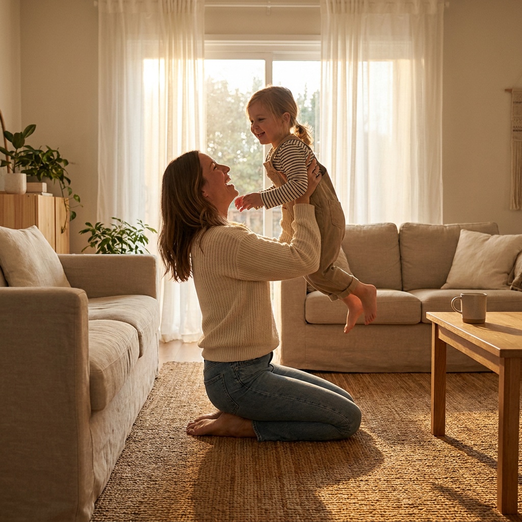 A woman kneels on a rug in a sunlit living room, smiling as she lifts a small child.