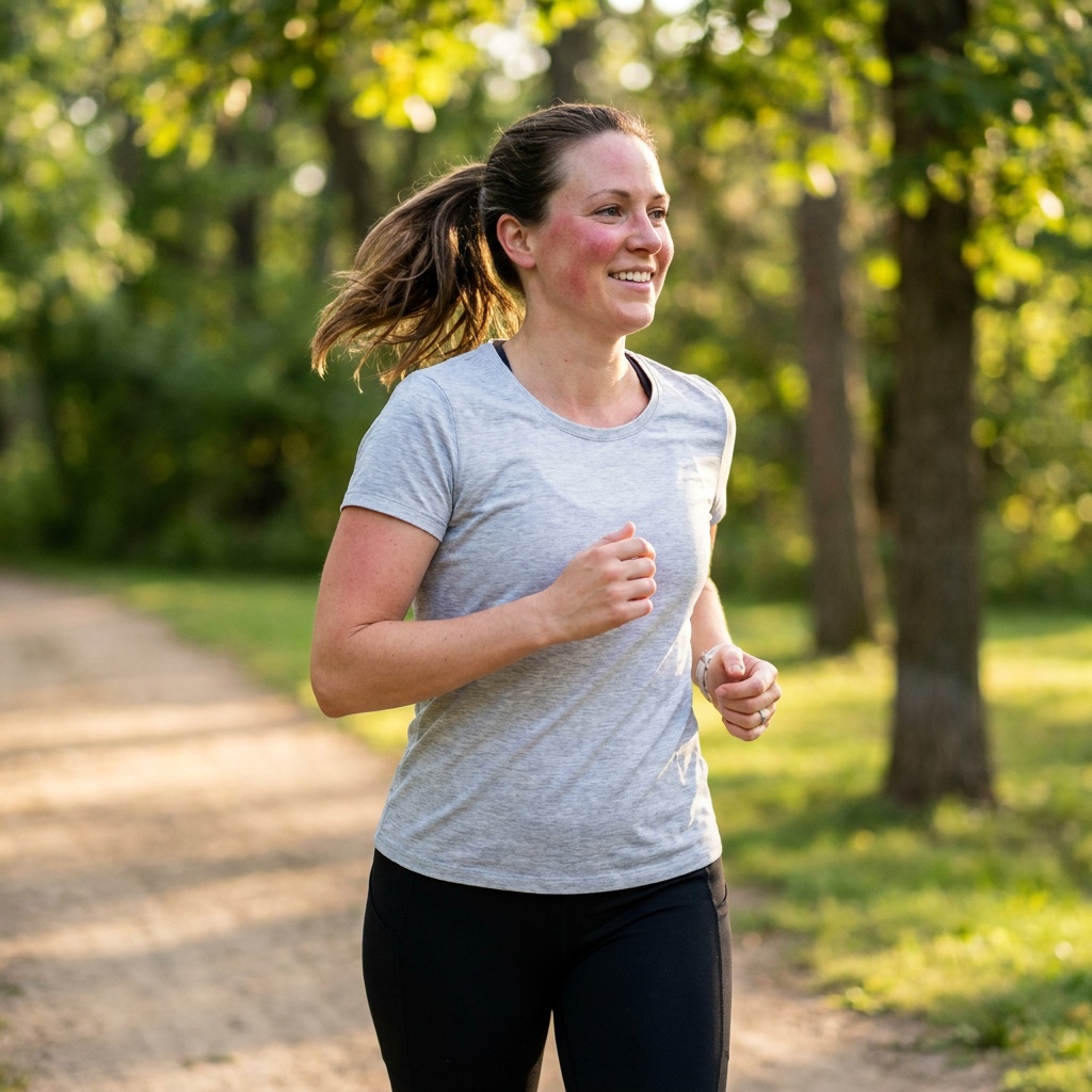 A woman in a grey t-shirt and black pants smiles while jogging on a dirt path outdoors.