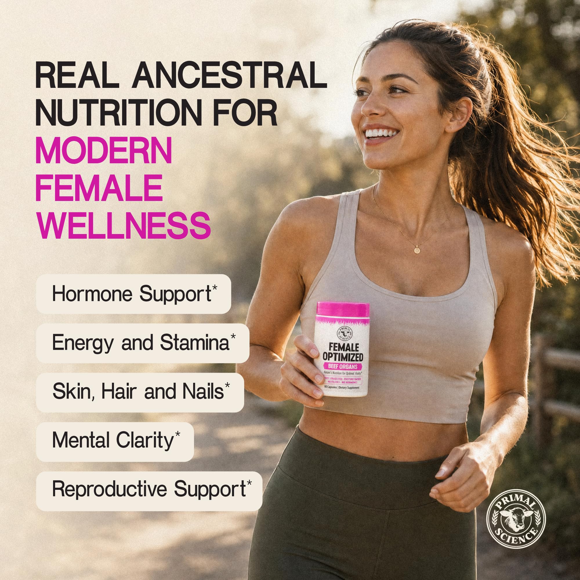 A smiling woman in athletic wear runs outdoors while holding a bottle of Primal Science supplements.