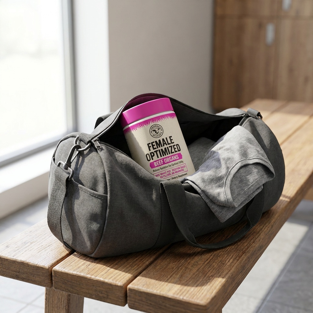 A canister of Female Optimized Beef Organs supplement sits inside an open grey gym bag on a bench.