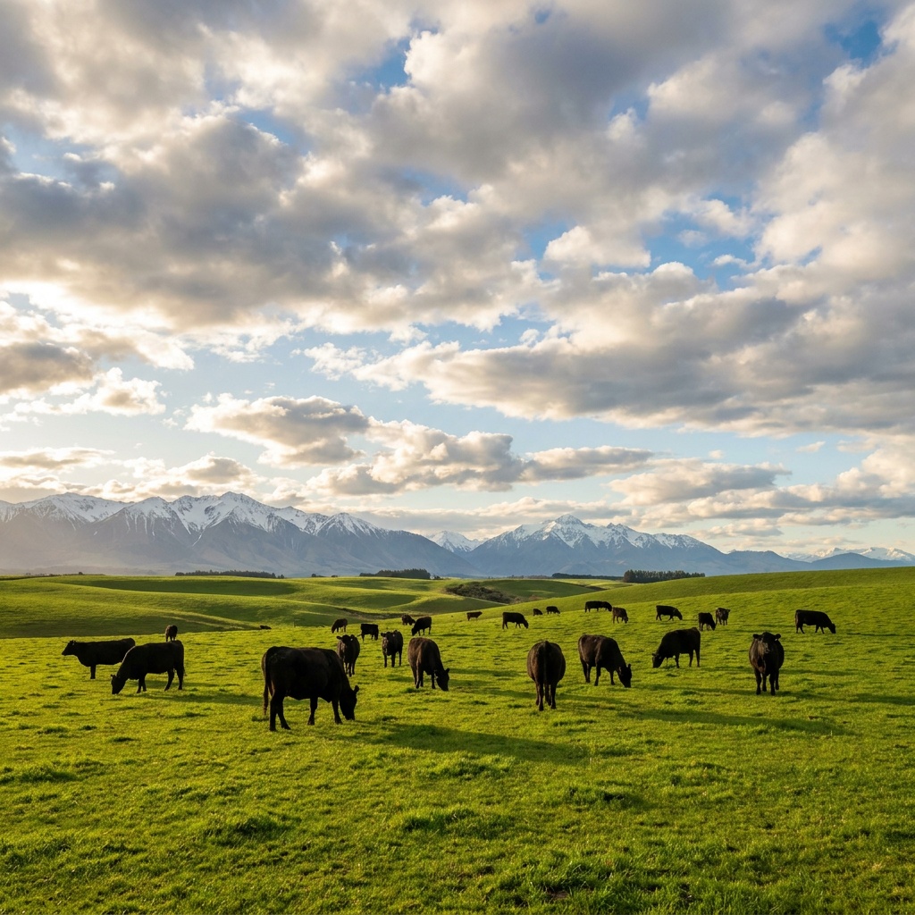 A herd of black cows grazing in a lush green pasture with snow-capped mountains in the background.