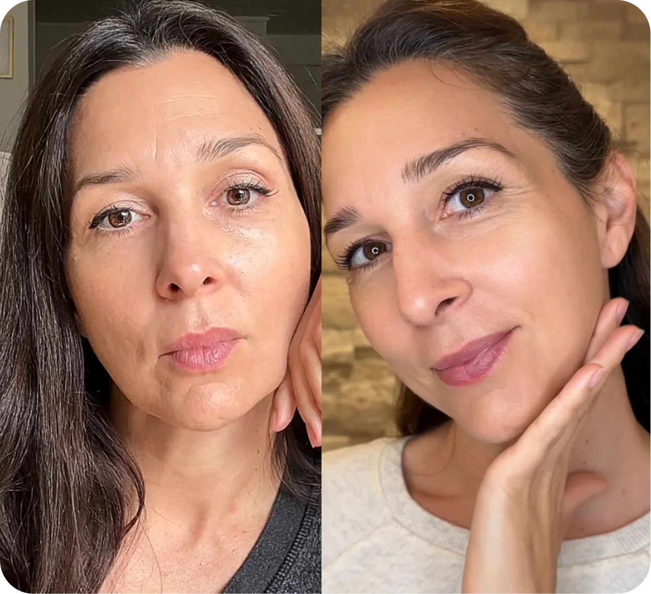 Two women posing with hands on chin, against different backgrounds.