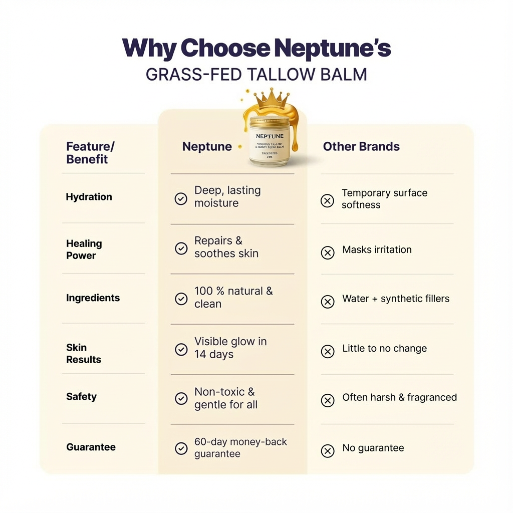 Comparison chart of Neptune's Tallow Balm versus other brands with benefits listed.
