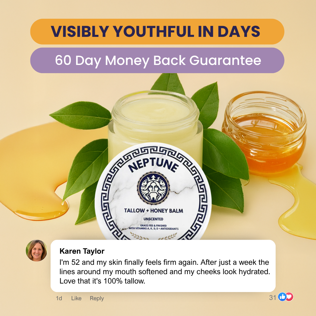 Jar of Neptune Tallow + Honey Balm with leaves and honey, customer review below.
