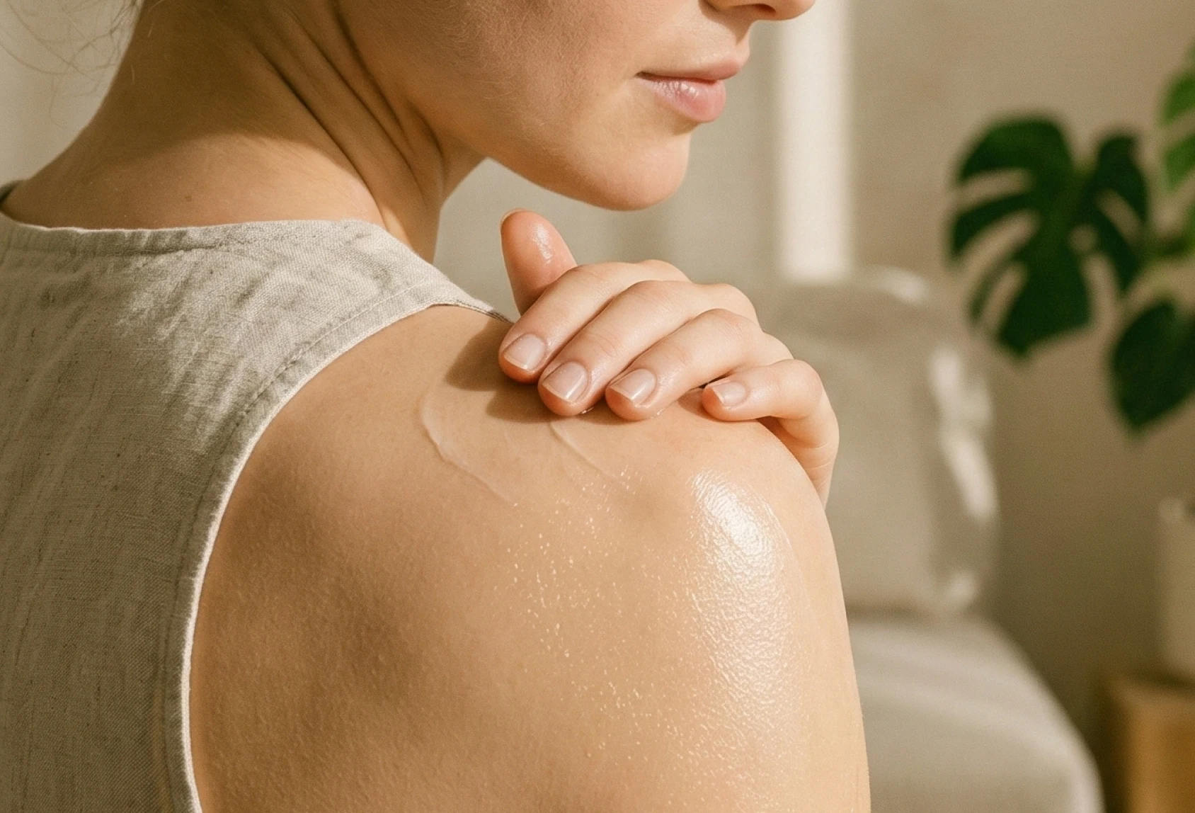 A close-up of a person applying a moisturizer to their shoulder and upper back.